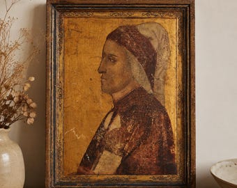 Vintage Italian Renaissance Portrait Painting | Wooden Panel, Ornate Frame