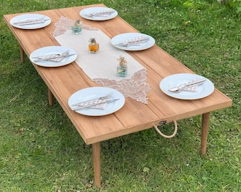Tavolo pieghevole in legno fatto a mano - Tavolo da picnic portatile - Tavolo da campeggio Boho - Tavolo basso pieghevole per esterni e casa 28*60 pollici H: 13-28 pollici