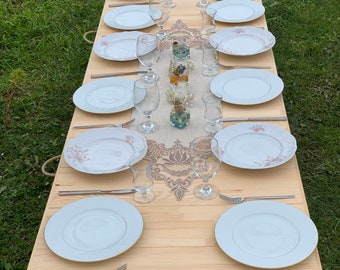 Tavolo pieghevole in legno fatto a mano - Tavolo da picnic portatile - Tavolo da campeggio Boho - Tavolo basso pieghevole per esterni e casa 30*80 pollici H: 13-19 pollici
