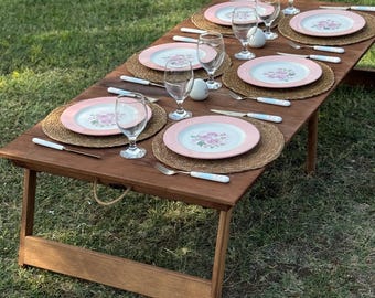 Handmade Wooden Folding Table – Portable Picnic Table – Boho Camp Table – Foldable Low Seat Table for Outdoor, Home, Birthday and Events