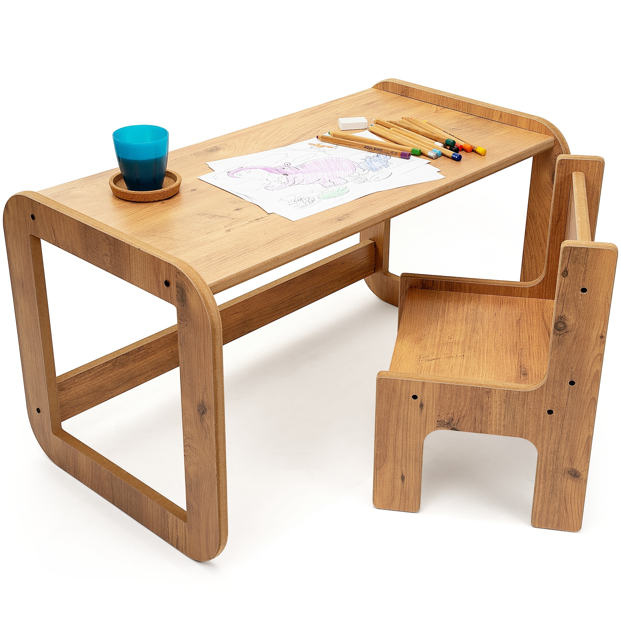 Montessori Kids Table and Chair Set – Walnut MDF Wooden Playroom ...