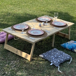 Mesa plegable de madera hecha a mano – Mesa de picnic portátil – Mesa de camping bohemia – Mesa baja plegable para exteriores, hogar, cumpleaños y eventos