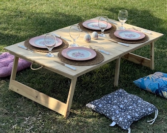 Handmade Wooden Folding Table – Portable Picnic Table – Boho Camp Table – Foldable Low Seat Table for Outdoor, Home, Birthday and Events