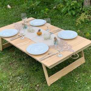 Mesa baja para sentarse, mesa de madera plegable hecha a mano, mesa de camping, mesa de picnic, mesa portátil, mesa bohemia, mesa de patio, mesa con patas fijas
