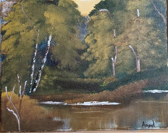 Original forest lake landscape painting | Bob Ross inspired folk art