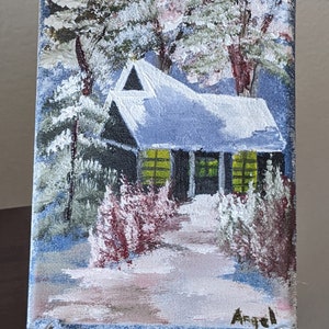 Original Surreal Winter Forest Lake Landscape Painting Bob Ross Inspired  Folk Art 