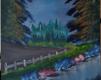 Original country forest lake landscape/Bob Ross inspired folk art