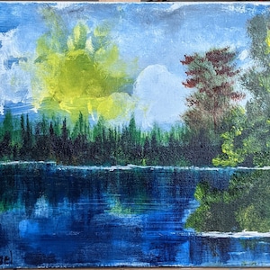 Original country lake landscape painting/Bob Ross inspired folk art