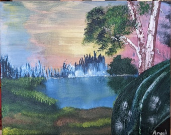 Original forest lake landscape painting | Bob Ross inspired folk art