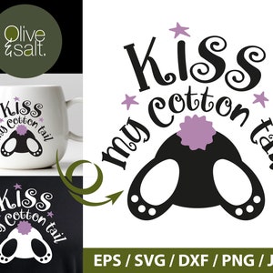 May include: A black and white graphic design with the text "Kiss my cotton tail" in a whimsical font. The graphic features a stylized bunny tail with a purple flower on top.