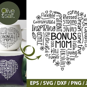 Bonus Mom SVG, word art svg, hart svg, Moeders dag svg, stiefmoeder svg, koffiemok svg, moederdag sublimatie, moederdag woord kunst svg