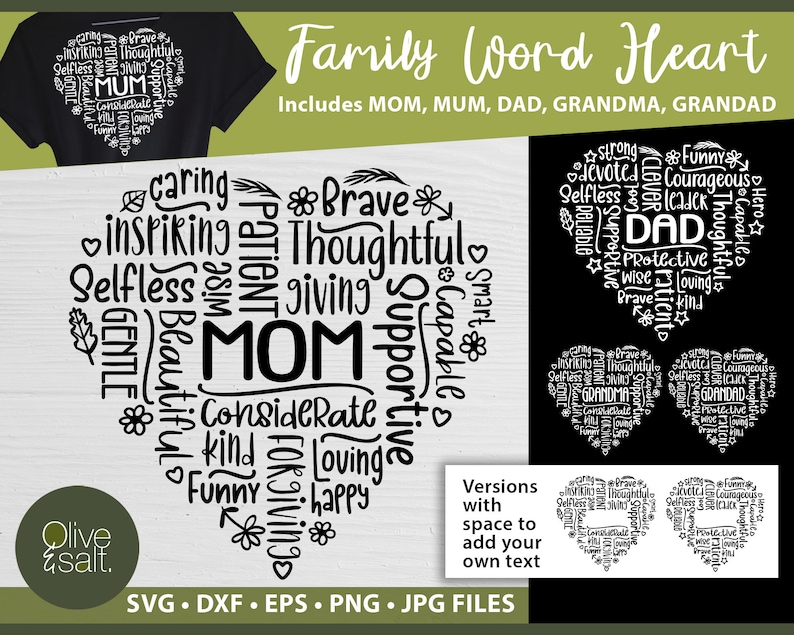 May include: Black and white digital design of a heart shape made of words describing family members. The words include "Mom", "Dad", "Grandma", and "Grandpa". The design includes the words "Family Word Heart" and "Includes Mom, Mum, Dad, Grandma, Grandad".