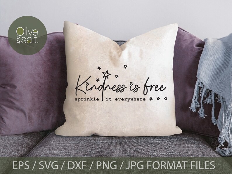 May include: A white throw pillow with the text "Kindness is free sprinkle it everywhere" in black lettering with stars and a heart. The pillow is on a gray couch with a purple throw pillow and a blue throw blanket.