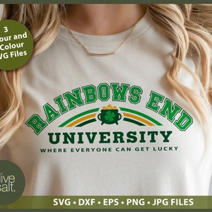 May include: A white t-shirt with a green and gold graphic that says "Rainbows End University Where Everyone Can Get Lucky".