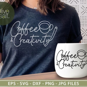 May include: A white ceramic mug with black text that reads "Coffee & Creativity" and a simple line drawing of a coffee cup and a cinnamon stick. The mug is sitting on a wooden table.