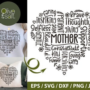 May include: A black and white heart-shaped word cloud design with the word "MOTHER" in the center. The words surrounding "MOTHER" include "caring", "brave", "thoughtful", "giving", "considerate", "kind", "loving", "funny", and "happy".