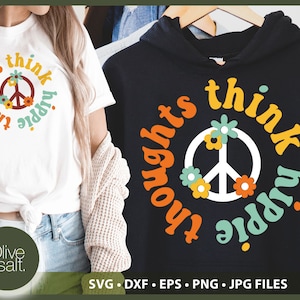 Piensa en pensamientos hippies SVG, Boho Retro SVG, Signo de Paz SVG, Retro svg para camisas, Retro Motivacional svg, boho hippie svg, Vibraciones positivas svg