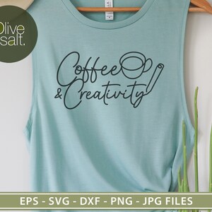 May include: A light blue tank top with the text "Coffee & Creativity" in black lettering. A simple illustration of a coffee cup and a stirrer is included.