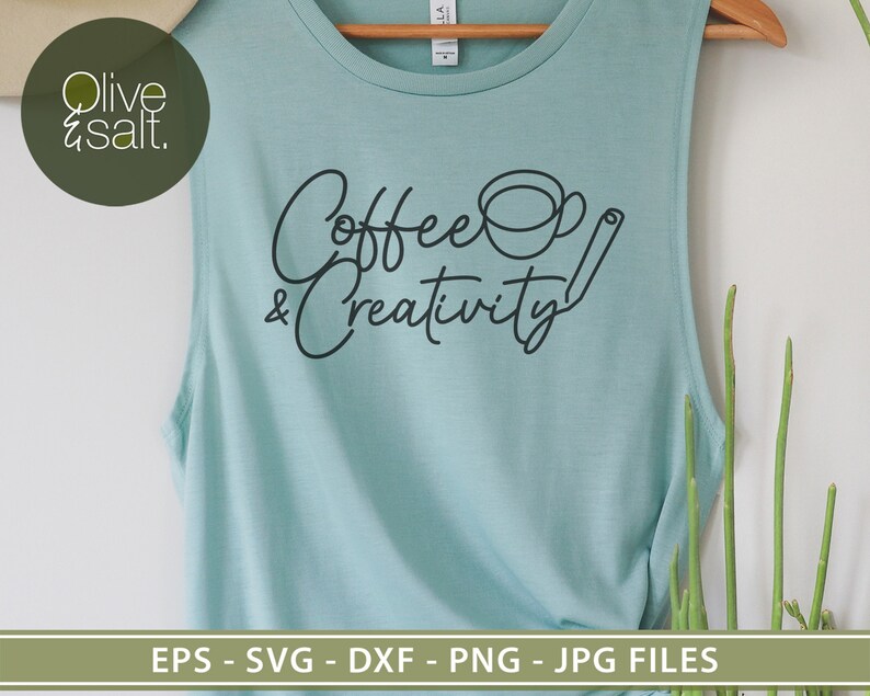 May include: A light blue tank top with the text "Coffee & Creativity" in black lettering. A simple illustration of a coffee cup and a stirrer is included.