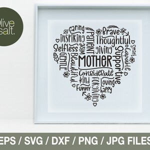 May include: A black and white heart-shaped word cloud with the word "MOTHER" in the center. The words surrounding "MOTHER" include "caring", "brave", "thoughtful", "patient", "giving", "supportive", "considerate", "kind", "loving", "happy", "funny", "capable", "smart", "gentle", "beautiful", "selfless", and "inspiring".