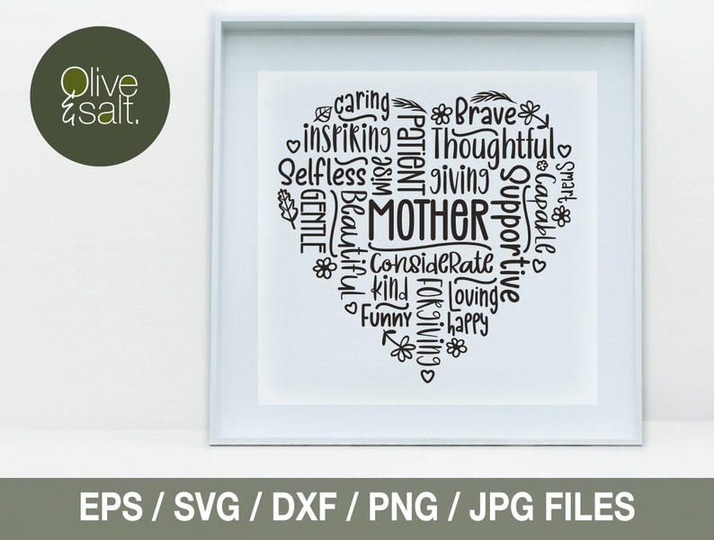 May include: A black and white heart-shaped word cloud with the word "MOTHER" in the center. The words surrounding "MOTHER" include "caring", "brave", "thoughtful", "patient", "giving", "supportive", "considerate", "kind", "loving", "happy", "funny", "capable", "smart", "gentle", "beautiful", "selfless", and "inspiring".