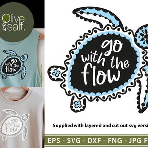 May include: A black and white silhouette of a turtle with a blue outline. The turtle has a scalloped shell with the words "go with the flow" written in white inside. The turtle is on a white background.