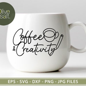 May include: White ceramic mug with black text that reads "Coffee & Creativity". The text is in a cursive font. A simple line drawing of a coffee cup and a pencil are above the text.