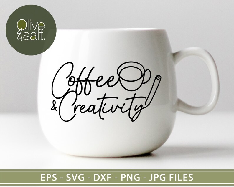 May include: White ceramic mug with black text that reads "Coffee & Creativity". The text is in a cursive font. A simple line drawing of a coffee cup and a pencil are above the text.