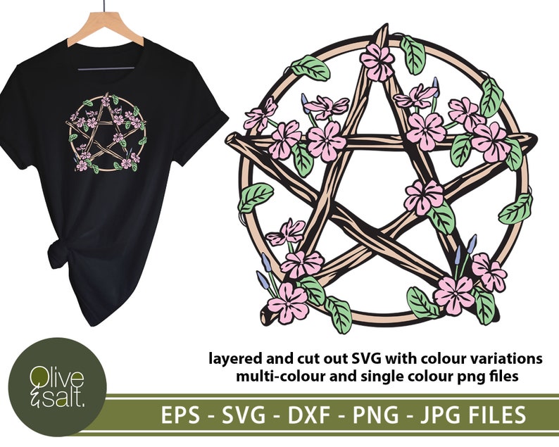 May include: A digital design featuring a pentagram with a floral design. The pentagram is made of brown branches with pink and purple flowers. The design is available in EPS, SVG, DXF, PNG, and JPG file formats.