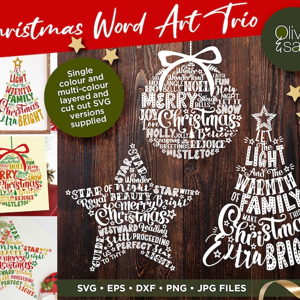 Christmas Word Art SVG, fichier de coupe de signe de Noël, arbre de mots de Noël SVG, métro étoile de Noël svg, sublimation de chemise de Noël