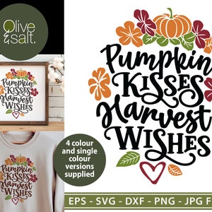 May include: A digital design featuring the text "Pumpkin Kisses Harvest Wishes" in a whimsical font, surrounded by fall-themed floral and pumpkin illustrations in orange, burgundy, and green. The design is available in multiple color versions.