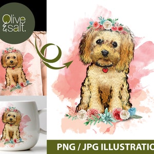 Carino Cockapoo, Cavapoo, Goldendoodle cane con decorazione floreale, sublimazione cane doodle, file png cane per tazze e magliette