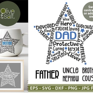 以下が含まれることがあります： 中央に「DAD」という文字が書かれた青と白の星形のデザイン。星は、「保護者」、「思いやり深い」、「忠実」、「理解力がある」などのポジティブな特性を表す言葉で囲まれています。「父」、「叔父」、「兄弟」、「甥」、「いとこ」という言葉が星の真下に並んでいます。