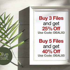 May include: A white picture frame with a white mat and a red text overlay. The text reads "Buy 3 Files and get 25% Off Use Code: DEALX3 Buy 5 Files and get 40% Off Use Code: DEALX5".