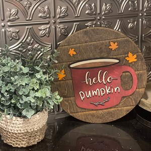 Hello Pumpkin Laser Cut Door Hanger Hand Painted Birch Wood Door Sign