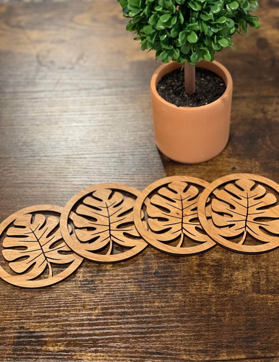 Monstera Coaster Set of 4, Laser Cut, Finished Cherry Hardwood