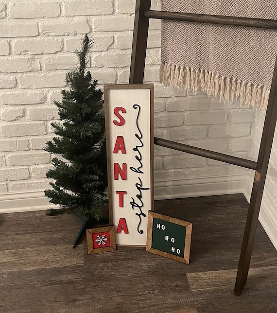 Santa Stop Here Laser Cut Hand-painted Birch 1/8" Wood Holiday Christmas Sign