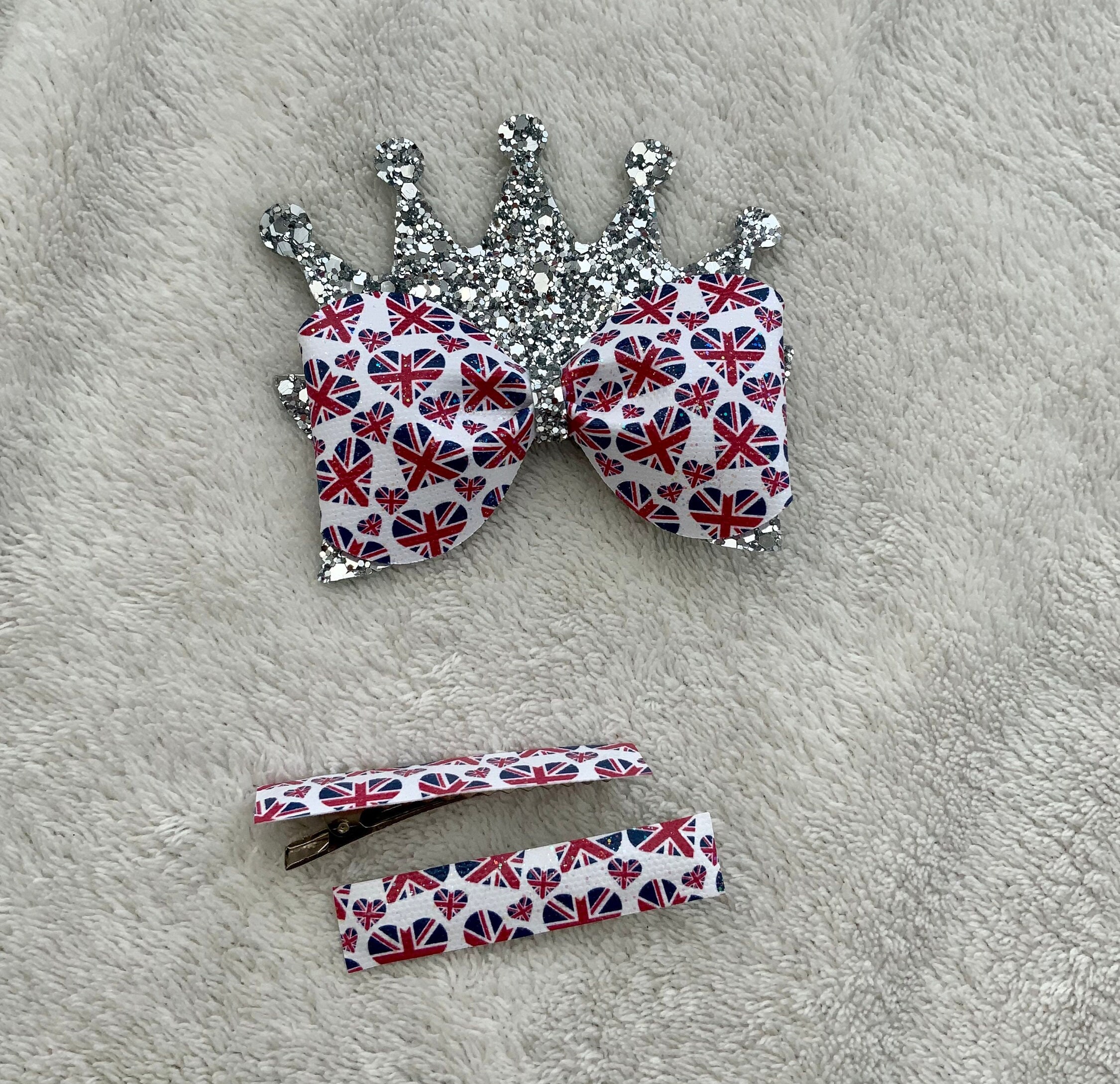Union Jack Hair Bows, Kings Coronation, Baby Headband, Clips, Crowns