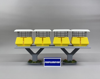 Diorama completo del PeopleMover de Disneyland: modelo impreso en 3D con vías, vagones y letrero. Exhibición en miniatura de un parque temático.
