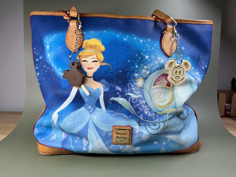 Pode incluir: Uma bolsa tote azul e marrom com uma estampa de Cinderela e sua carruagem. A bolsa tem o logotipo Dooney & Bourke e dois pingentes, um do Mickey Mouse e outro de uma barra de chocolate.