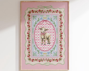 Little Lamb Nursery Folk Art Farm Animal Flowers Strawberry Coquette Fine Art Painting Wall Art Print