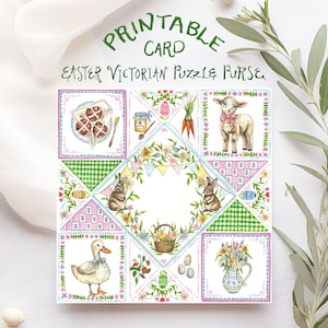 Bolsa de quebra-cabeça de origami vitoriano de Páscoa - Modelo para impressão de download instantâneo - Cartão de presente de primavera faça você mesmo em aquarela pintado à mão