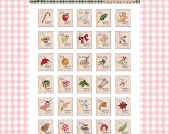 May include: Sheet of Christmas stamp stickers featuring festive illustrations like candy canes, gingerbread men, and gifts. Each stamp is labeled "North Pole" and priced at 10¢. The sheet has a decorative border with the text "Christmas Stamp Stickers".