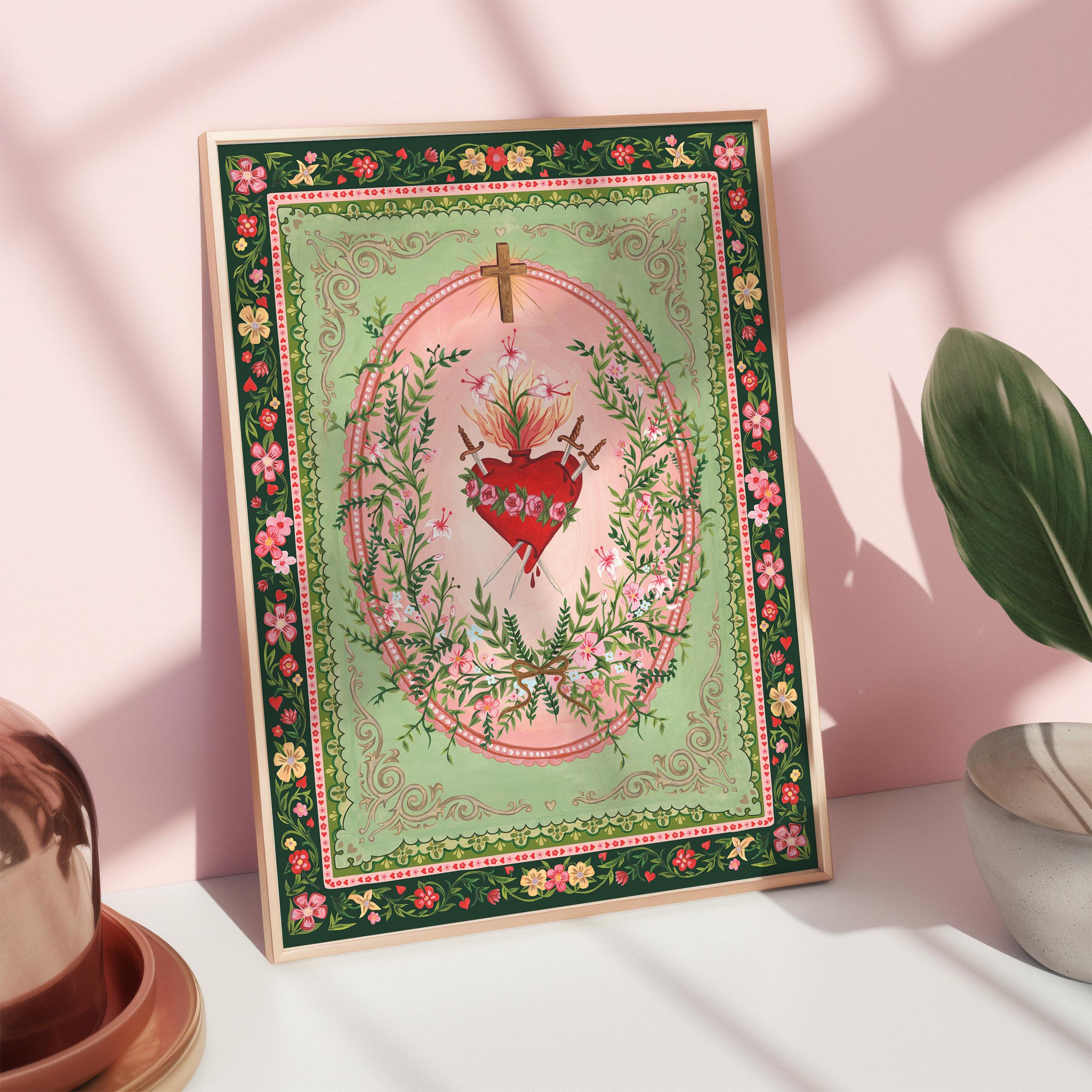 Sacred Heart of Mary Immaculate Heart Fine Art Floral Religious Renaissance Painting Wall Art Print