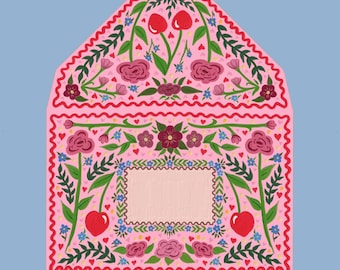 Folk Art Cherry Garden Illustrated Envelope - Instant Download Printable Template - Painted Floral Design Valentine's Easter Spring