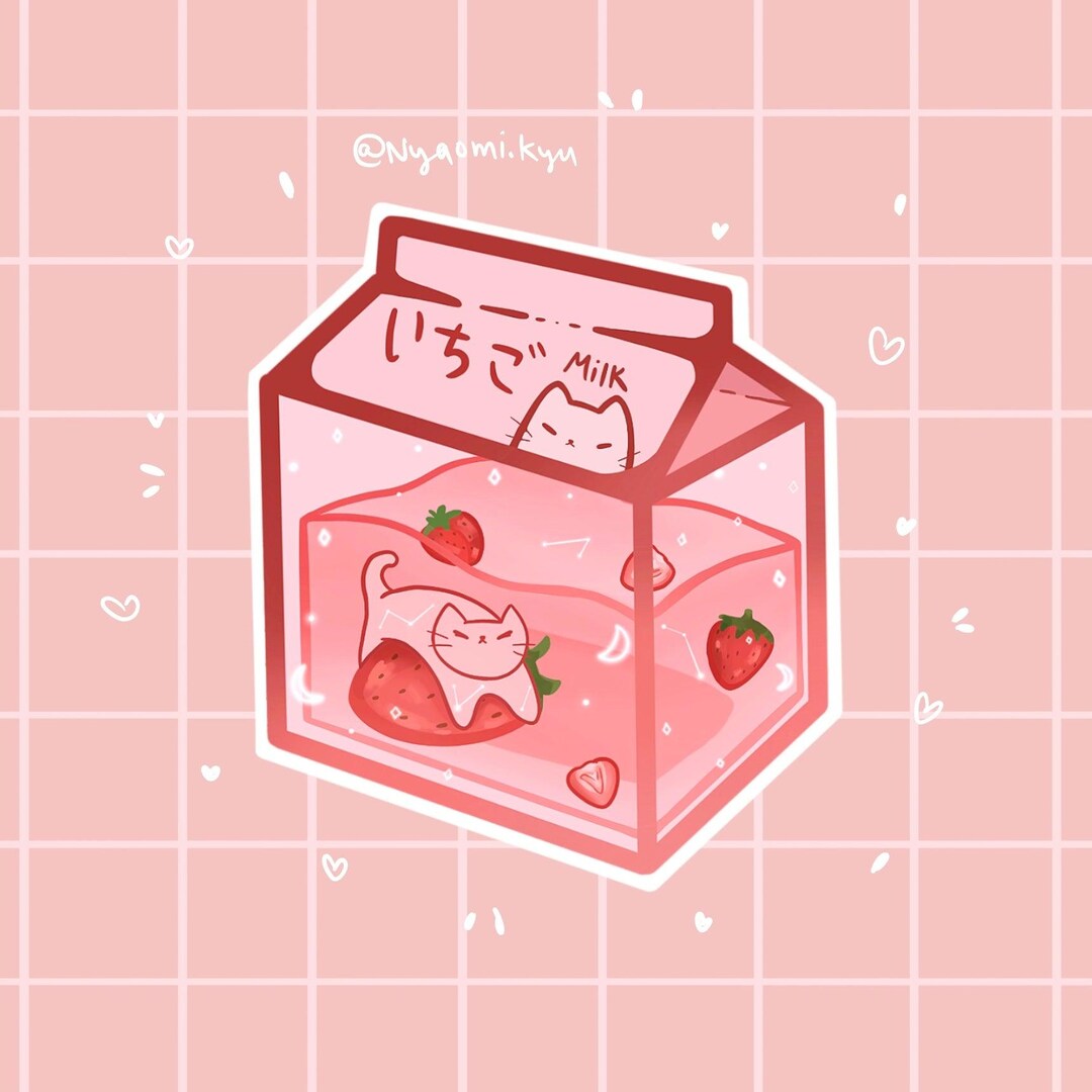 Strawberry Milk Cat Sticker - Kawaii Pastel Laptop & Journal Decal - Etsy