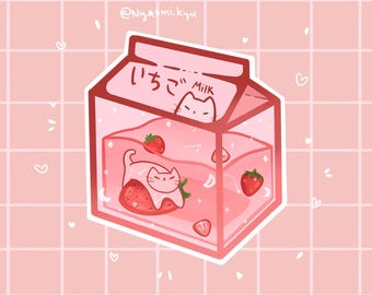 Strawberry Milk Cat Sticker - Kawaii Pastel Laptop & Journal Decal