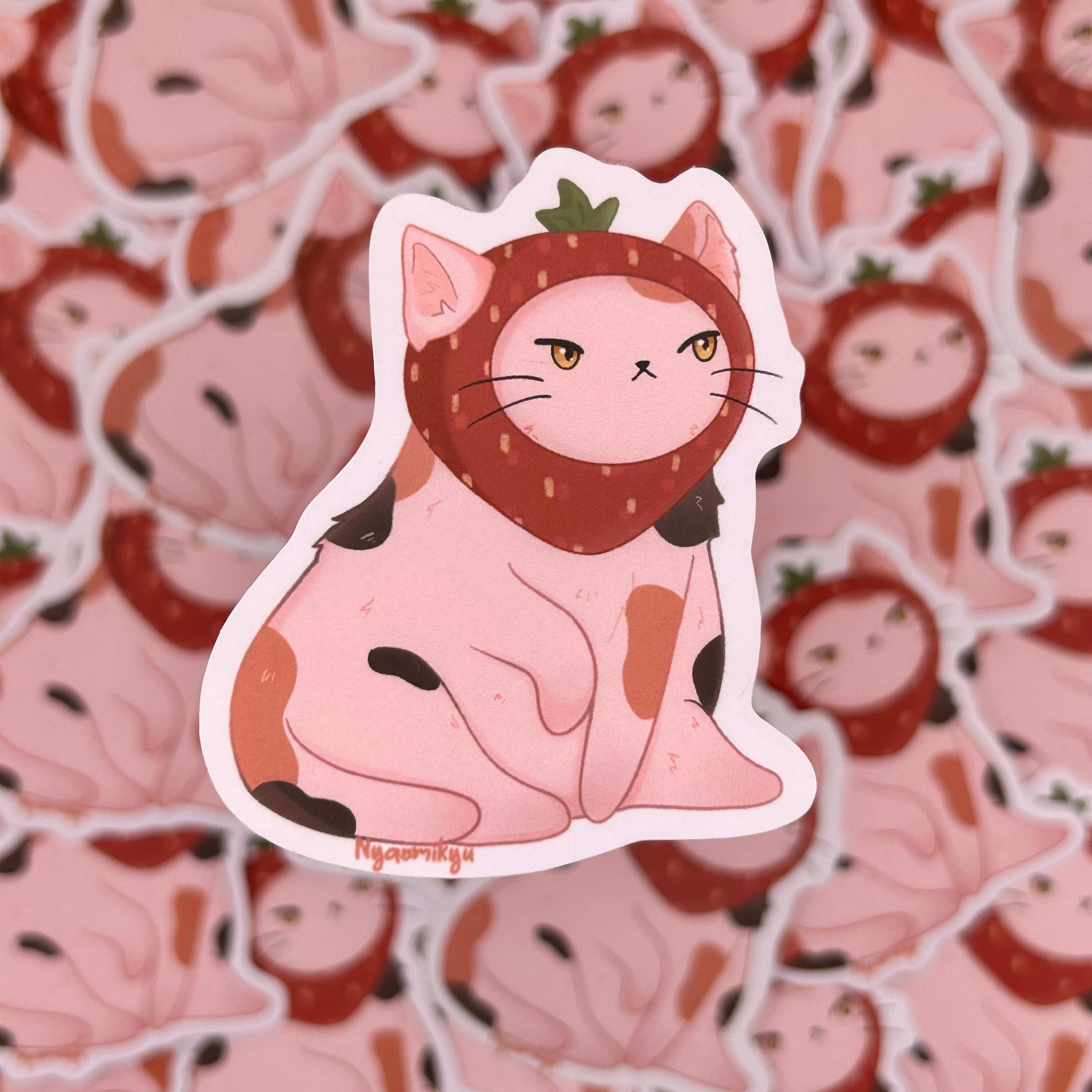Strawberry Hat Cat Sticker - Kawaii Pastel Laptop Decal - Etsy