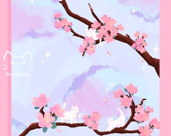 Sakura Katzen Druck - ästhetische Kunst Illustration, 11x14 groß Kunst Druck, Kawaii Katze Illustration Wand-Dekor