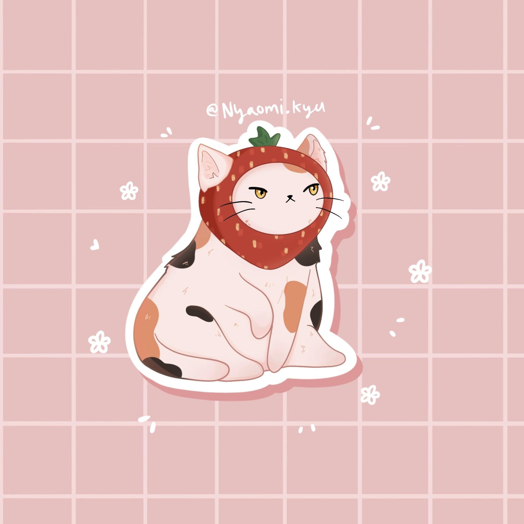 Strawberry Hat Cat Sticker - Kawaii Pastel Laptop Decal - Etsy